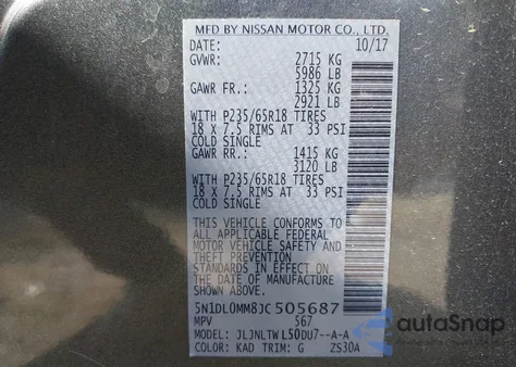 2018 Infiniti Qx60 z USA, uszkodzony, nr VIN 5N1DL0MM8JC505687